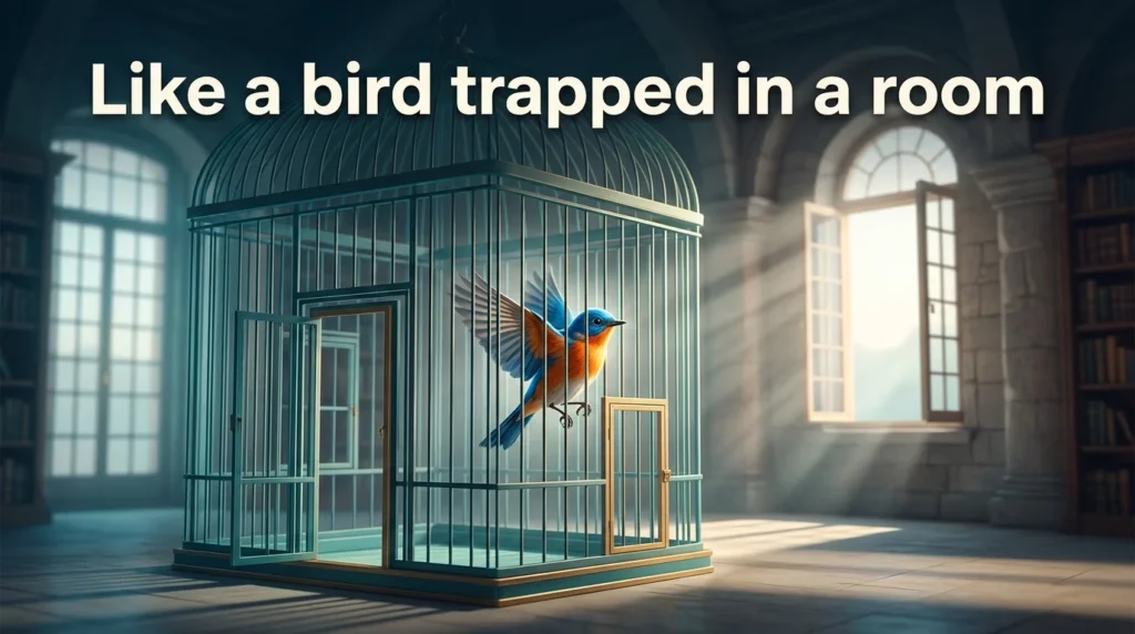 Like a bird trapped in a room